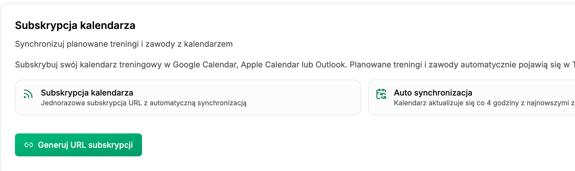 Sekcja Subskrypcja kalendarza w zakładce Integracje z przyciskiem Generuj URL subskrypcji