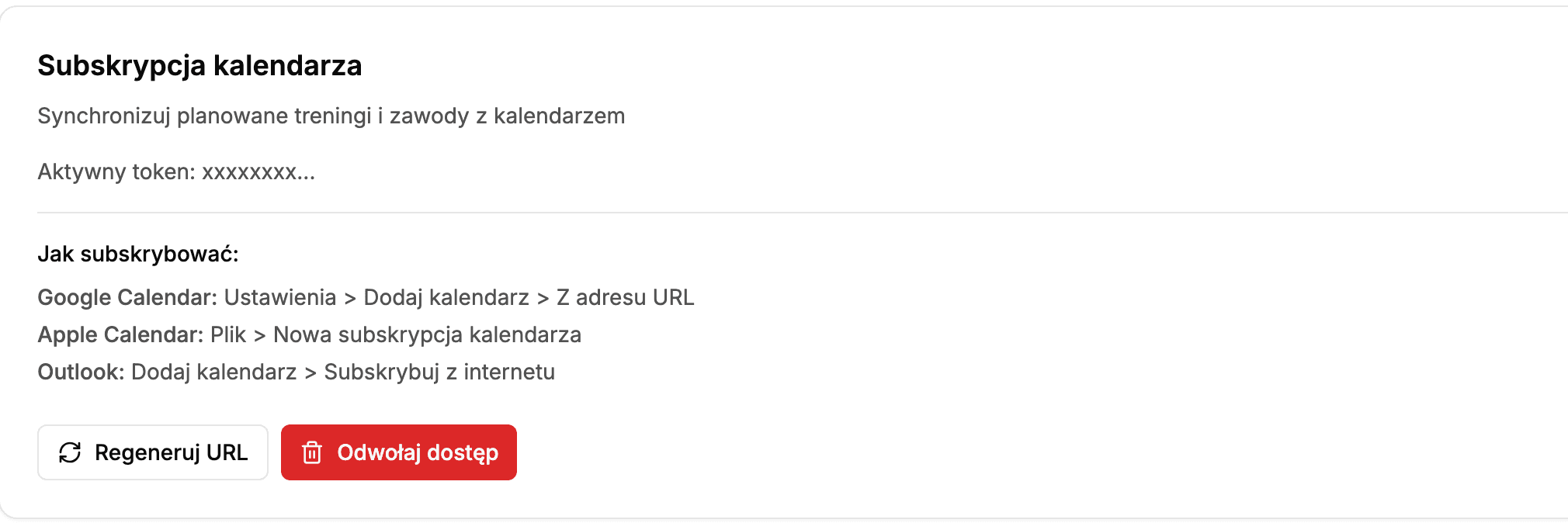 Sekcja Subskrypcja kalendarza z aktywnym tokenem, instrukcjami subskrypcji i przyciskami Regeneruj URL oraz Odwołaj dostęp