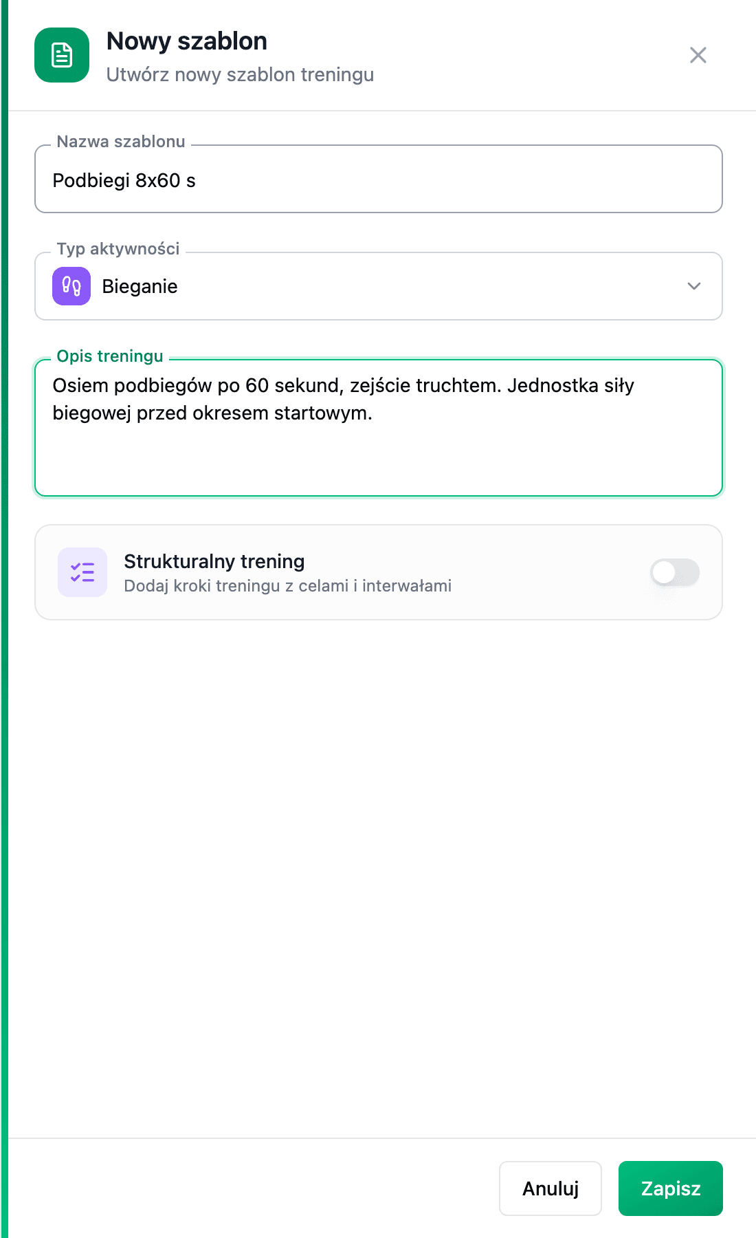 Panel Nowy szablon z polami Nazwa szablonu, Typ aktywności, Opis treningu i wyłączonym przełącznikiem Strukturalny trening