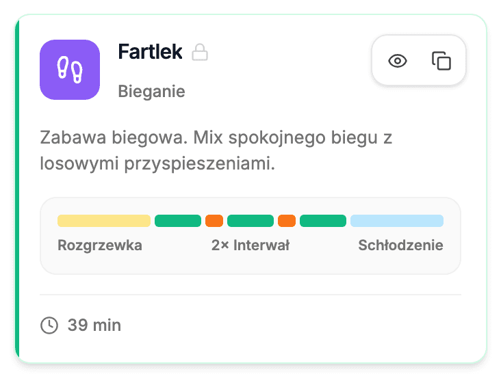 Karta szablonu systemowego Fartlek z kłódką przy nazwie oraz akcjami podglądu i duplikowania widocznymi po najechaniu