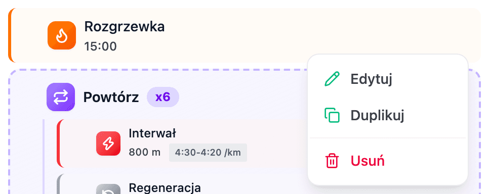 Otwarte menu kroku z pozycjami Edytuj, Duplikuj i Usuń obok kroku rozgrzewki